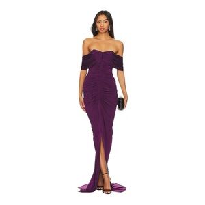 Off-Shoulder Ruched Maxi Gown in Plum